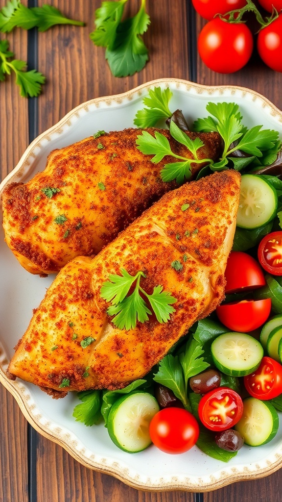 Crispy zaatar chicken garnished with parsley on a plate with a fresh salad.